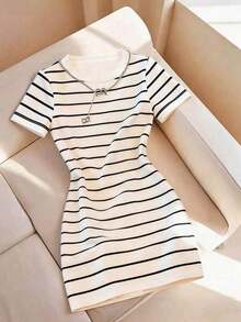 Vestido mini casual de mujer a rayas, de verano - Albaricoque - Ver 1