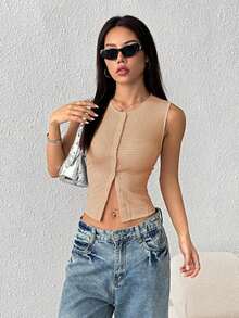 Chaleco casual de mujer de un solo pecho con cuello redondo de unicolor - Caqui - Ver 6