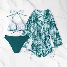 Swim Lushore Swimsuits For Woman Summer Beach 3packs Random Tropical Print Halter Drawstring Side Bikini - Azul Marino - Ver 4