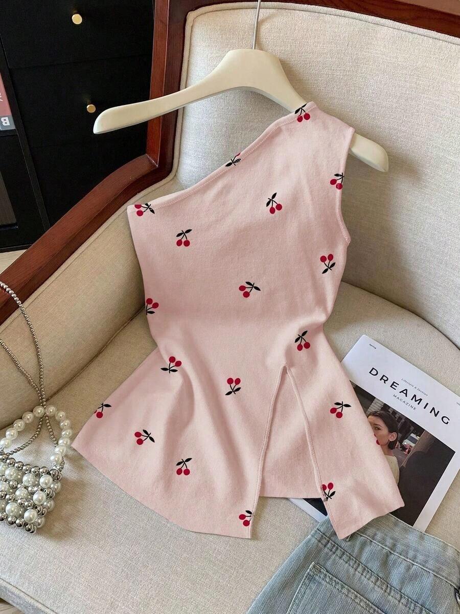 Camiseta asimétrica con estampado de cerezas para mujer, de gran en primavera/verano - Multicolor 8 - Ver 1