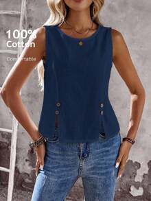 Camisa sin mangas de unicolor con diseño de botones para mujer - Azul marino - Ver 10