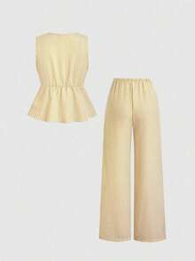 Pantalones rectos versátiles con cordones y estampado de rayas rosa, nuevo conjunto de 2 piezas para mujer, estilo europeo y americano de verano - Caqui - Ver 3