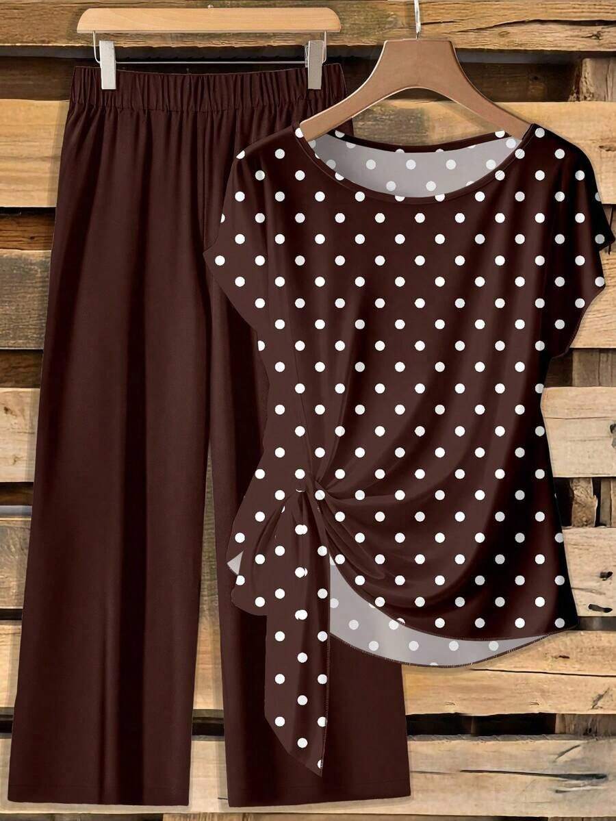 Conjunto de 2 piezas de blusa con lazo y pantalones de pierna recta para mujer - Multicolor 3 - Ver 1