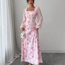 Women's Printed Square Neck Long Sleeve Elegant Summer Dress - Amarillo - Ver 7