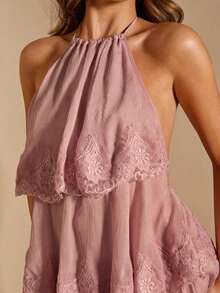 Vestido corto de gasa rojo sólido con hojas de loto en cascada, apropiado para citas diarias, salidas nocturnas, discotecas, fiestas, reuniones, fiestas de cócteles, fiestas de piscina, ropa de vuelta al colegio, vestidos de temporada escolar, vestidos de vacaciones, faldas tutú - Rojo cereza - Ver 4