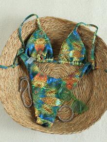 Ladies' Retro Leopard Print Plant Print Bikini Two Pieces Set, Elegant And Casual Summer Beach Vacation Party Swimsuit Set, Halloween Outfit - Multicolor - View 6