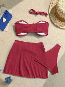 Conjunto de 3 piezas bikini bandeau con textura y adorno de estrella de mar para mujer, perfecto para el verano - Rojo - Ver 2