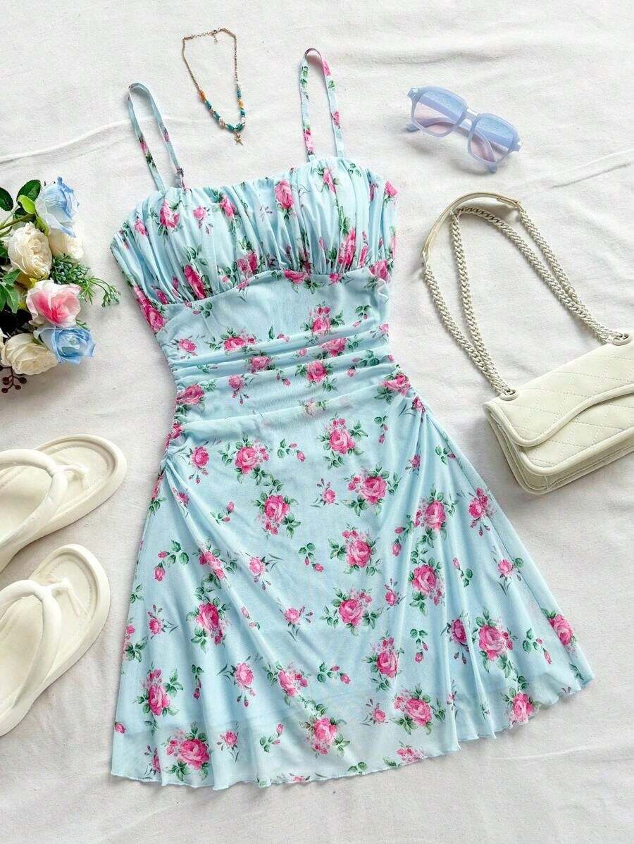 Vestido mini de línea A con tirantes de espagueti rosa y romántico Ditsy Floral para mujer, adecuado para fiesta, cita, San Valentín, Pascua, carnaval, crucero por la playa, Afternoon vestido de moda para té, primavera/verano - Multicolor 3 - Ver 1
