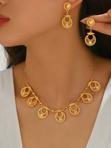 3pcs Vintage Palace Style Hollow Geometric Necklace & Earrings Luxury Jewelry Set, Suitable For Women's Party Wear - Gold - View 2