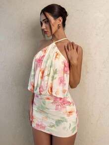 Vestido mini elegante de mujer con estampado floral y cuello halter, para verano - Multicolor - Ver 4