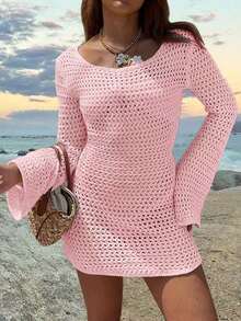 Vestido corto de playa de manga larga, transparente y con espalda descubierta, de unicolor y sexy para mujer, ideal para vacaciones de primavera/verano - Rosa Pálido 2 - Ver 5