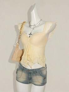 Top sin mangas con volantes, escote con pliegues, ajuste ceñido, parches de malla sexy, espalda con lazo, top casual de vacaciones - Beis - Ver 4