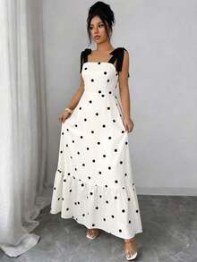 Vestido largo de verano con estampado vintage, hombros con cordones, corte en la cintura para vacaciones y playa para mujeres - Multicolor - Ver 7