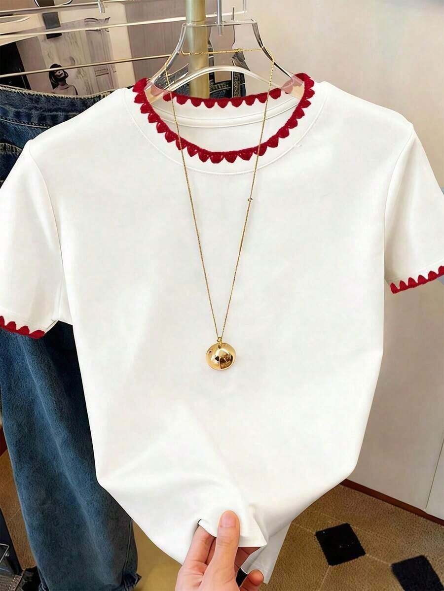 Camiseta casual de mujer de unicolor con cuello redondo, versátil para el verano - Multicolor 7 - Ver 1