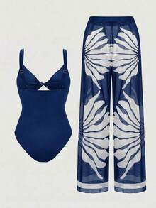 Swim Oasis Traje de baño de una pieza con camisola de patchwork de colores y pantalones de pierna ancha, adecuado para vacaciones en la playa, fiestas en la piscina y fiestas en la playa - Azul - Ver 4