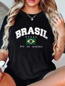 Loose Women's Short Sleeve T-Shirt, Casual Wear With Rio De Janeiro Brazil Print For Travel And Everyday Wear, Lightweight And Comfortable Black T-Shirt For Home Or Outdoors, Travel Wear, Modern Design Cotton Women's T-Shirt, Breathable And Sweat-Absorbent Summer Short Sleeve - 黑色 - 查看 6