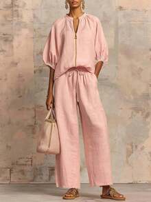 Modest Women's Knitted Fabric Blouse And Long Pants Two-Piece Outfit With Flounce Sleeves - 牛仔藍 - 查看 10
