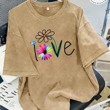 Nueva camiseta de verano vintage de algodón lavado y desgastado, de manga corta, con estampado floral americano y de pájaros con la palabra LOVE, top de talla grande para mujer, corte holgado, hombros caídos, cuello redondo, estilo oversize, cómoda y a la moda, versátil para el día a día, ropa de mujer estilo y2k. - Gris - Ver 7