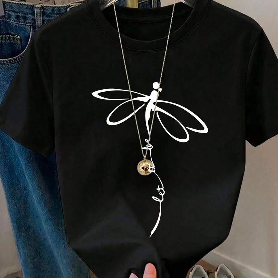 Esta camiseta de manga corta para mujer presenta un patrón de libélula, es informal, cómoda y transpirable, y tiene un diseño de cuello redondo, lo que la convierte en una opción ideal para primavera y verano, adecuada para el uso diario. - Negro - Ver 1