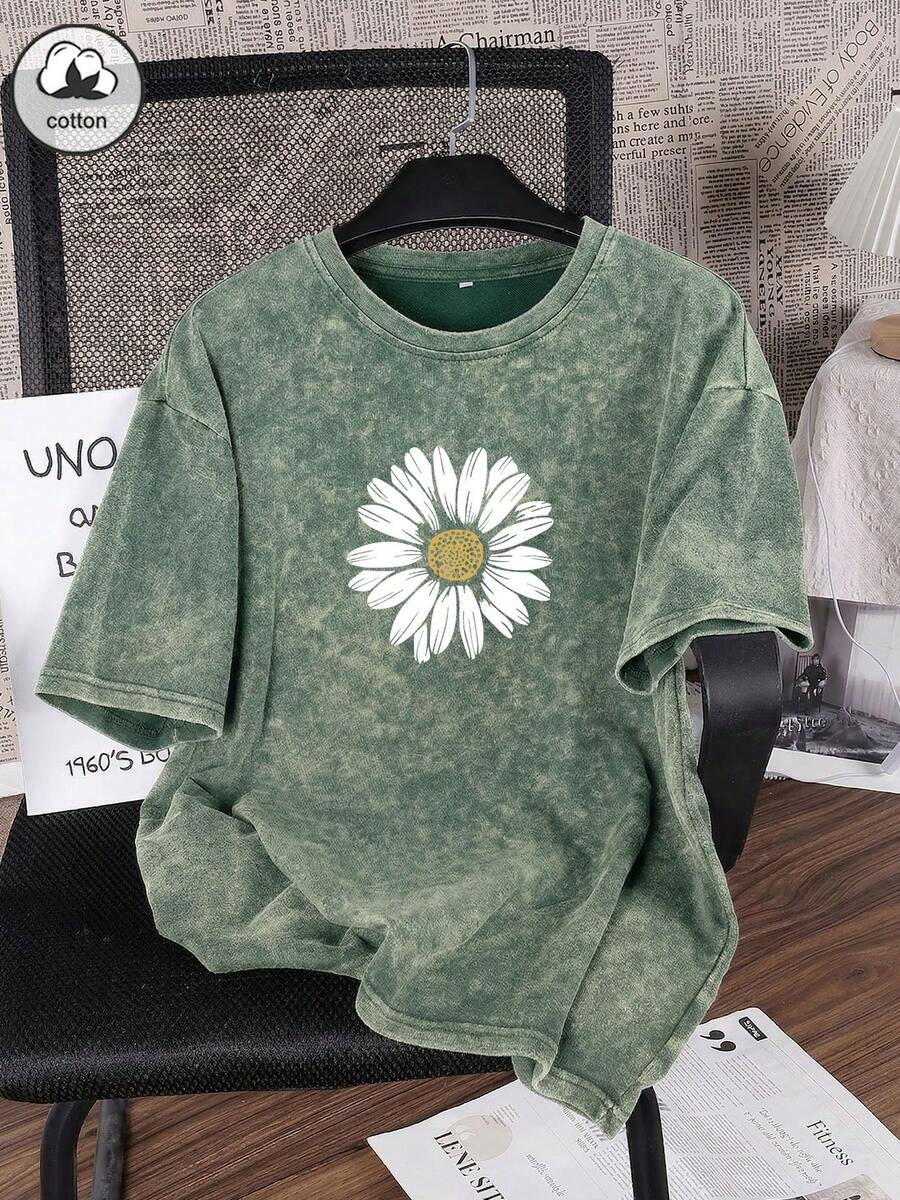 Áo thun nữ mùa hè Es Trus Cotton in họa tiết ngộ nghĩnh phong cách hiphop "Hoa cúc", thoải mái, phong cách retro, thường ngày, đường phố, sang trọng kiểu Hàn Quốc, đa năng, cỡ lớn, cổ tròn, tay ngắn, dáng rộng, màu xanh lá cây nhạt. - Màu xanh lá cây đậm - Xem 1