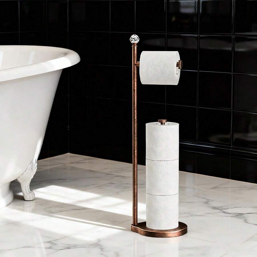 Soporte de papel higiénico de pie de metal resistente con bola de cristal, accesorio dispensador de rollo de papel higiénico para baño - paño de aceite - Ver 1