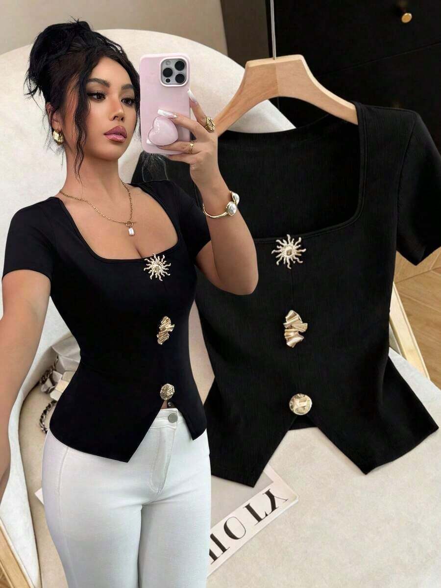 Blusa elegante y urbana de cuello cuadrado con decoración metálica de manga corta ajustada para mujer, adecuada para uso diario, bodas, galas, viajes, fiestas de graduación, vacaciones, citas, fiestas, Halloween, Navidad, Año Nuevo, Acción de Gracias, bodas - Negro - Ver 1