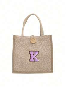 1pc Embroidered Letter Pattern Handbag, Floral Print Linen Tote Bag, Ditsy Floral Linen Decorative Button Handbag, Minimalist Large Capacity Handbag, Portable Casual Storage Tote Bag, Multifunctional Shopping Bag - Multicolor - View 23