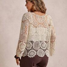 Plus Size Casual Solid Color Openwork Knit Cardigan Winter Fall Autumn - Rojo - Ver 3