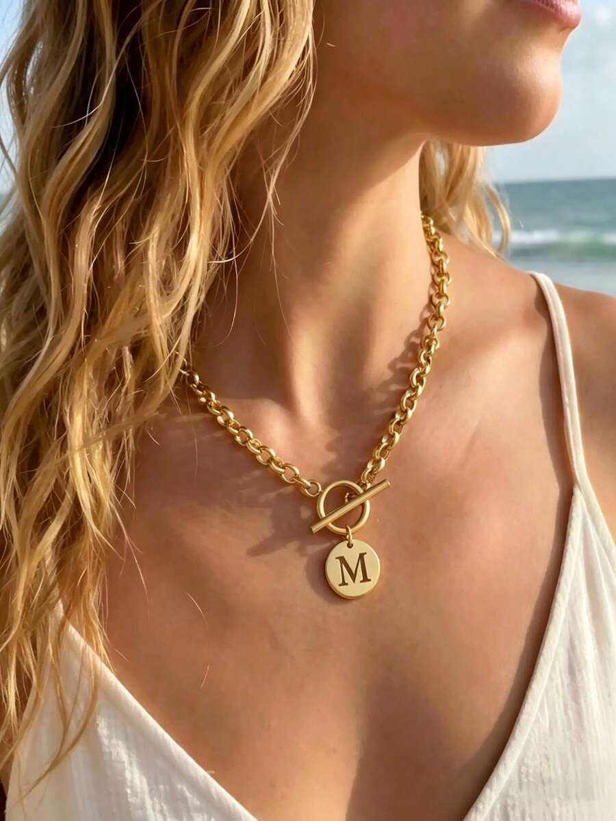 1 mặt dây chuyền chữ A-Z bằng thép không gỉ với khóa chữ T, thích hợp làm quà tặng cho gia đình, bạn bè, người yêu hoặc đeo hàng ngày. - Dây chuyền mặt chữ - Xem 1