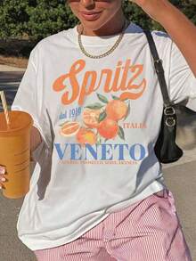 Bekväm och färgglad kortärmad t-shirt med splash-tryck. | Cocktail- och italiensk aperitifskjorta | Present till kvinnor | Vintage-, bohemisk och oversized t-shirt med italienskt grafiskt tryck för vår och sommar. - Vitt - Visa 3