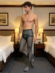 Men's Sexy Fishnet Tights, Hollow See-Through Elastic Knit Socks - Black - View 3