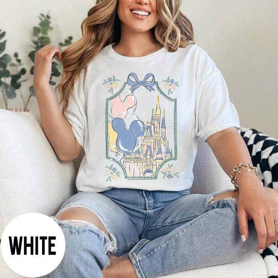 Disney Castle Bow Shirt Cute Coquette Mickey Balloon Tee, Pastel Magic Kingdom Shirt, Disney Trip Tee, Disney Family Vacation Trip Tee - trắng - Xem 1