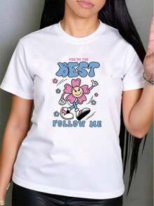 Camiseta informal de mujer con estampado de flores de dibujos animados Camiseta oversize informal para mujer con estampado floral Walking Cartoon Camisetas de Mujer - Blanco - Ver 2