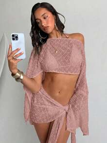 Conjunto de 2 piezas de mujer para primavera/verano con textura de jacquard, blusa tipo chal y minifalda de estilo envolvente, ropa de playa/resort para mujer - Rosa vieja - Ver 7