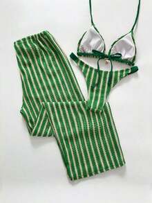Swim Chiccia Conjunto de bikini a rayas sexy para mujer con pantalones, nueva llegada de trajes de baño para mujer 2026, adecuado para la escuela, vacaciones, citas, té de la tarde, estilo occidental, cruceros, playa, isla, viajes por carretera, todas las estaciones, festivales de música, vacaciones bohemias, vacaciones bohemias, otoño relajado, estilo occidental bohemio, blusas elegantes para mujer - Verde - Ver 2
