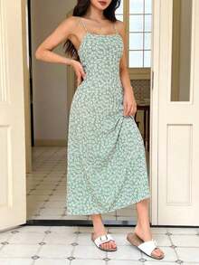 Vestido de playa con tirantes finos y estampado floral ditsy negro para mujeres - Verde - Ver 6