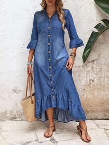 Vestido de verano de mezclilla con botones, cuello regular, mangas acampanadas y ribete de volantes - Azul - Ver 5
