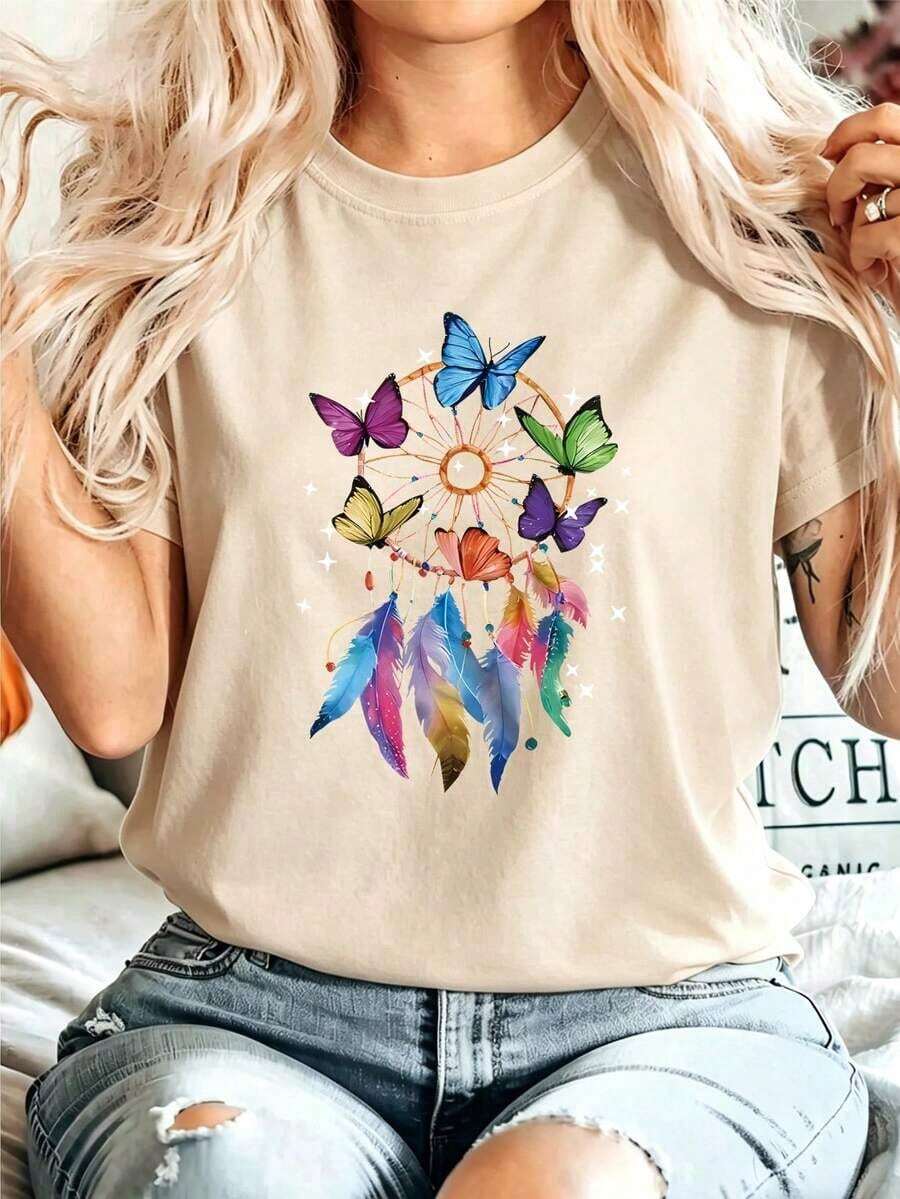 Camiseta Casual para Mujer con Estampado de Atrapasueños y Mariposas, Manga Corta, Cuello Redondo, Hombros Caídos, Tejido de Punto de Elasticidad Media para Uso Diario - Estilo Urbano Vintage, Camiseta Unisex de Algodón de Manga Corta y Cuello Redondo