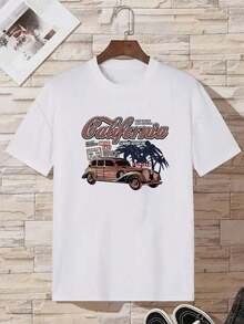 Off-The-Shoulder T-Shirt With Car Print And Slogan - White - View 3
