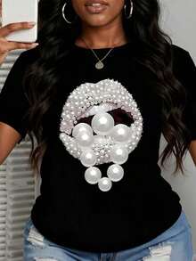1 pieza Camiseta de manga corta para mujer, talla grande, para el Día de San Valentín, con estampado de labios de perla, atuendo casual para fiestas y uso diario, 180g Algodón 100%. - Negro - Ver 12