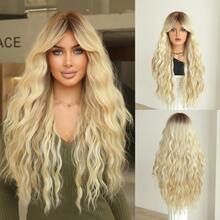 7JHH WIGS Pelucas largas onduladas y rizadas con flequillo de cortina para mujeres, de 28 pulgadas, de fibra sintética resistente al calor, esponjosas para uso diario, fiestas y cosplay (Rubio Ombré, Marrón Ombré, Rojo, Gris, Marrón Miel, Púrpura, Marrón Cálido) - Multicolor - Ver 17