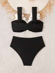 Bonvoyette Conjunto de 2 piezas de bikini de mujer elegante y inalámbrico para fiestas navideñas, fiestas al aire libre, fiestas en la playa, fiestas de Año Nuevo, fiestas en la piscina, con diseño floral 3D para invierno y Navidad - Multicolor 2 - Ver 3