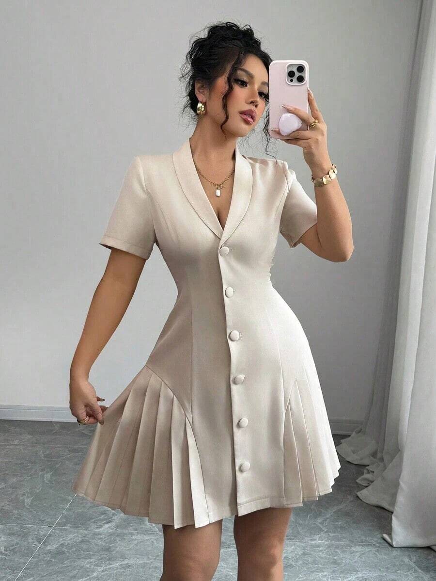 Vestido elegante y casual de verano con cuello reversible, decoración de botones, cintura ceñida, volantes y manga corta, en color liso, para primavera/verano - Albaricoque - Ver 1