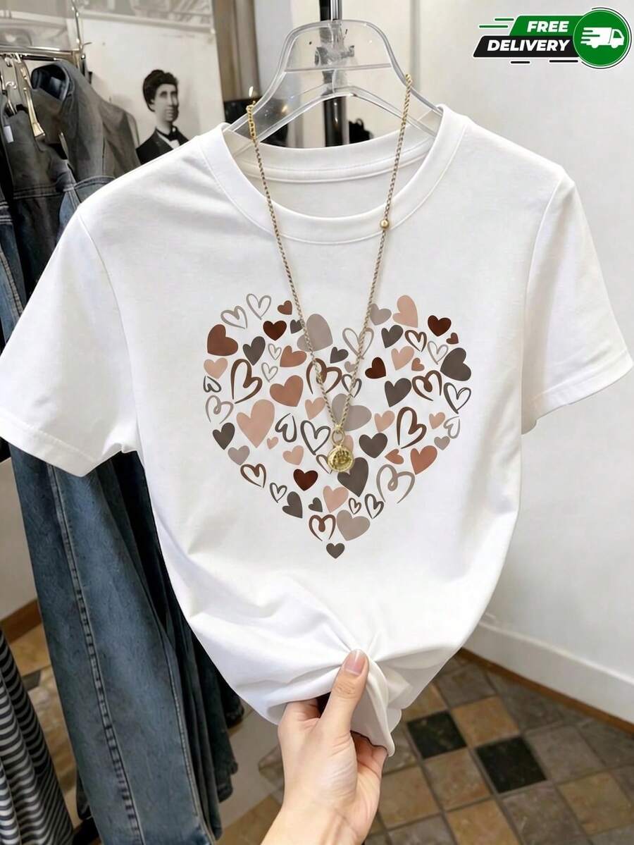 Women's Short-Sleeved T-Shirt With A Heart Print Full Of Small Hearts, Round Neck, Made Of Polyester, Suitable For Daily Wear, Casual Outings, Weekends And Dates, Romantic Casual Style, Ideal For Spring And Summer, Free Shipping In Mexico. - 白色 - 查看 1