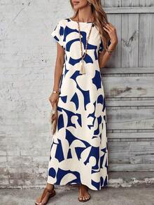 Vestido casual de mujer con estampado todo sobre, adecuado para vacaciones - Azul marino - Ver 6