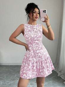 Vestido mini elegante de estilo bohemio con estampado floral, sin mangas y cintura ceñida para mujeres, conjunto de verano con acabado tejido al estilo francés para graduaciones, primavera/verano - Rosa 2 - Ver 3