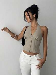 delgado de mujer de algodón con rayas, cuello alto y abotonadura sencilla, para otoño/invierno - Albaricoque - Ver 3