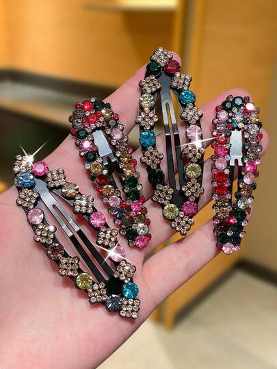4pcs Women's Luxury Colorful Rhinestone Hair Clips, Including BB Clips, Bangs Clips, Side Clips, Vintage Elegant Style, Suitable For Daily Casual, Outing, Party, Date Wear