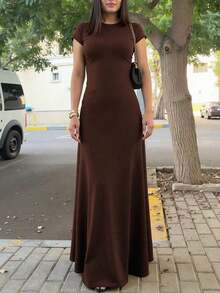 Vestido ajustado de cintura sólido para vacaciones y viajes casuales de verano para mujer - Café integral - Ver 1