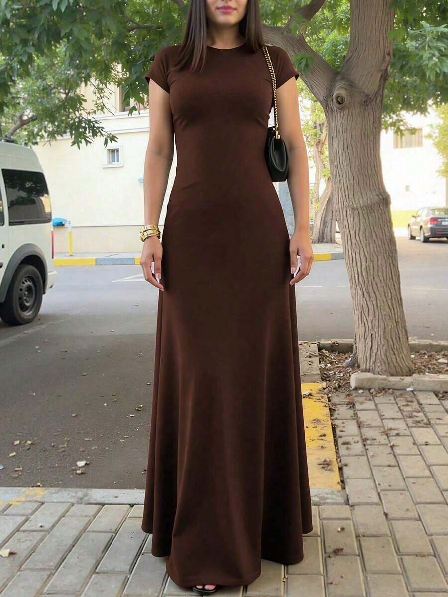 Vestido ajustado de cintura sólido para vacaciones y viajes casuales de verano para mujer - Café integral - Ver 1